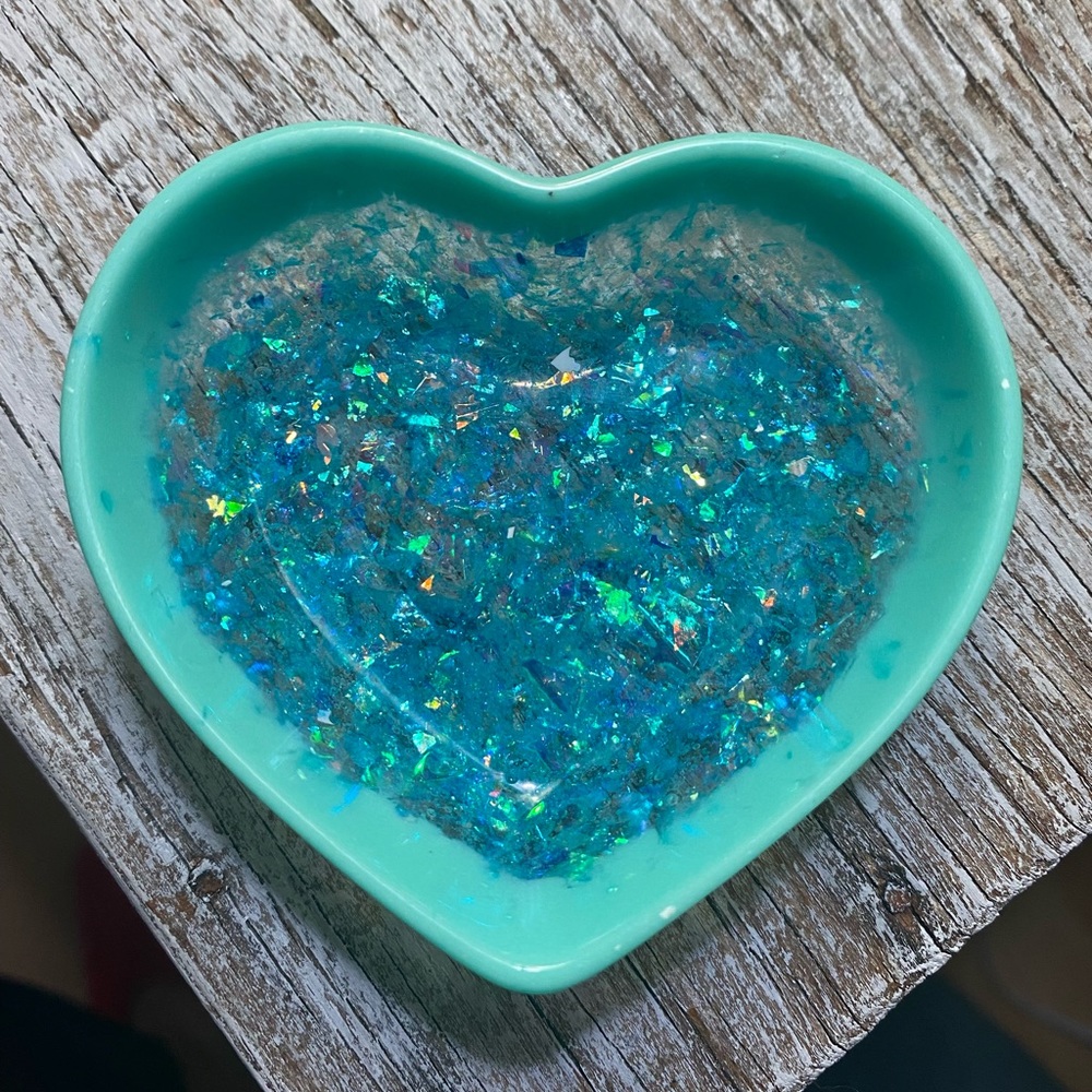 Heart Dish - Teal / Turquoise Rim and Holographic Blue Confetti Base